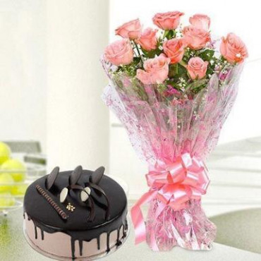 10 Pink Roses And Chocolate Cake Combo