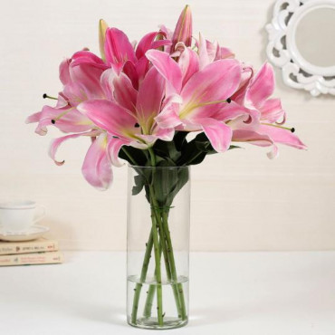 5 Pink Oriental Lilies in Glass Vase