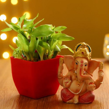 Bamboo Plant in Red Pot & Ganesha Idol
