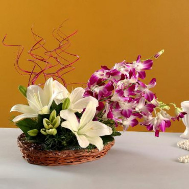 Beautiful Lilies And Orchids Basket Arrangement