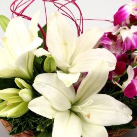 Beautiful Lilies And Orchids Basket Arrangement
