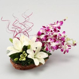 Beautiful Lilies And Orchids Basket Arrangement