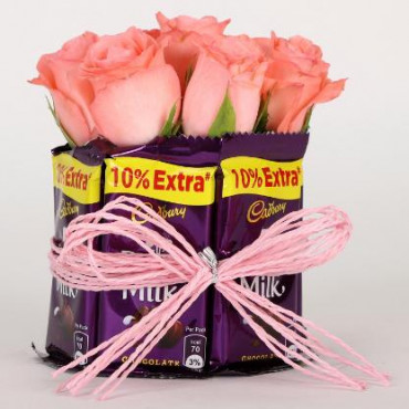 Dairy Milk & Pink Roses Arrangement