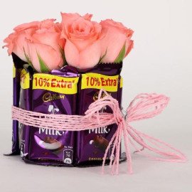 Dairy Milk & Pink Roses Arrangement