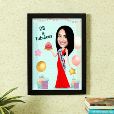 Fun Personalized Caricature in Birthday Photo Frame Style for Women