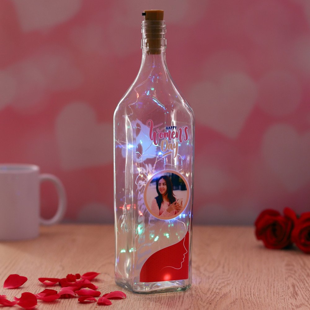 Personalized Women day led glass Bottle