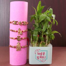 Set of 4 Krishna Radha, Ganesh, OM Rakhi With Two Layer Bamboosss