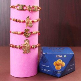 Set of 4 Krishna Radha, OM, Ganesha Rakhi With Sweets