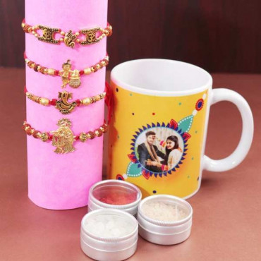 Set of 4 Krishna Radha, OM, Ganesha Rakhi With Mug