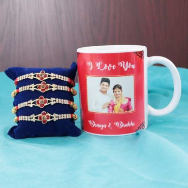 Set of 4 Silver Stone Rakhi With Personalize Mug