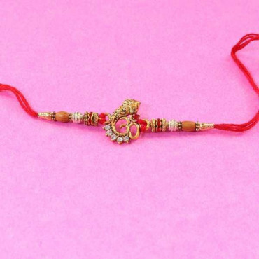 OM Rakhi Tied With Pearl Thread