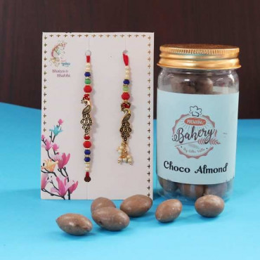 Set of 2 Peacock Lumba Rakhi With Choco Almond