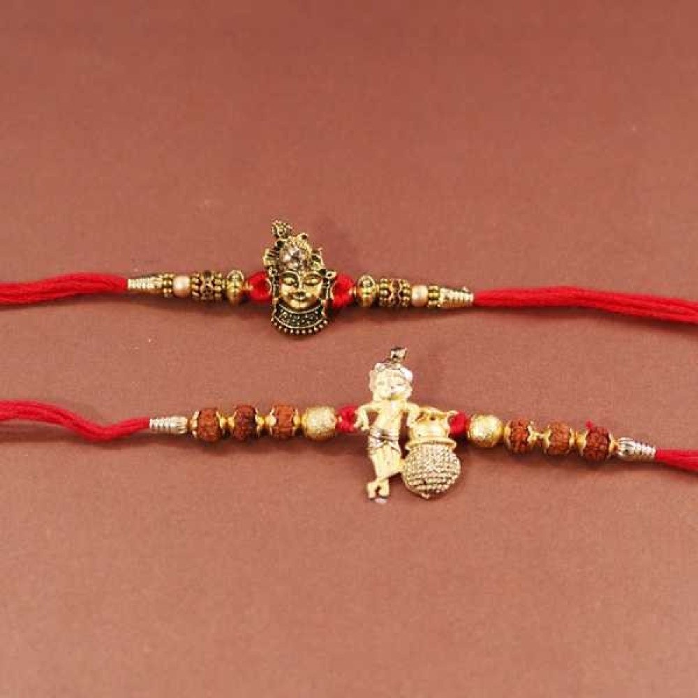 Set of 2 Krishna Rakhi Tied With Rudraksha Beads and Threads