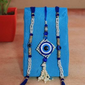 Graceful Blue-Beaded Rakhi Set for Bhaiya-bhabhi