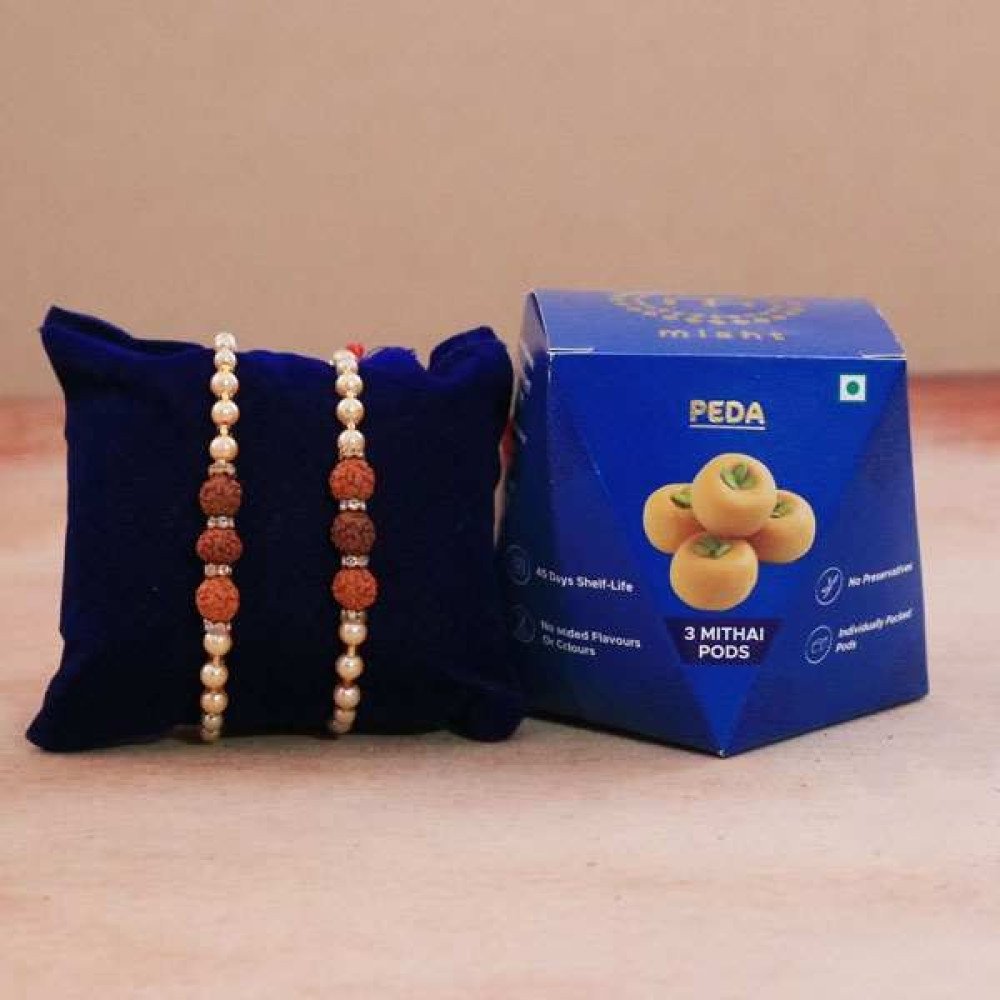 Set of 2 Rudraksha Rakhi with Sweets Box