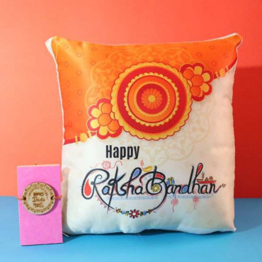 Customized Wooden Rakhi with Personalized Cushion