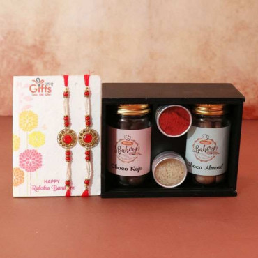 Rakhi Set Of 2 With Choco Almond Kaju Box