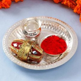  Rakhi With Pooja Thali & Kaju Kati Set