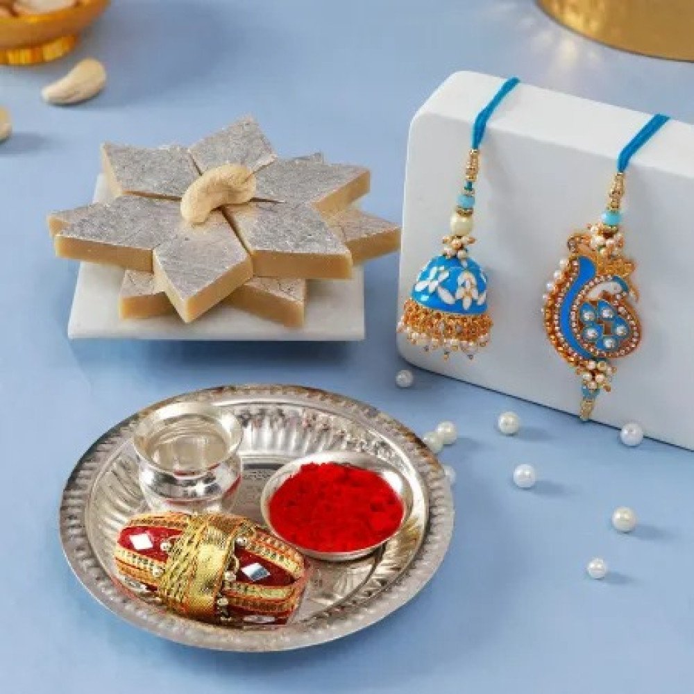  Rakhi With Pooja Thali & Kaju Kati Set