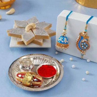  Rakhi With Pooja Thali & Kaju Kati Set