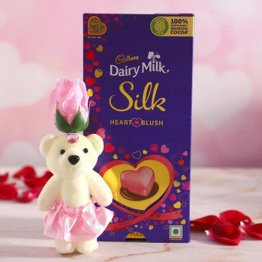 Pink Rose cute Teddy with cadbury Silk chocolate
