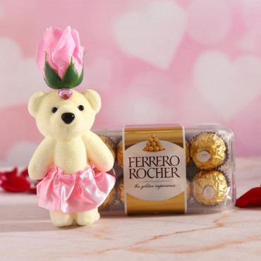 Pink Rose cute Teddy with Ferrero Rocher chocolate