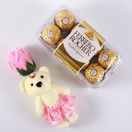 Red Rose cute Teddy with Ferrero Rocher chocolate