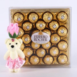 Pink Rose cute Teddy with Ferrero Rocher chocolate