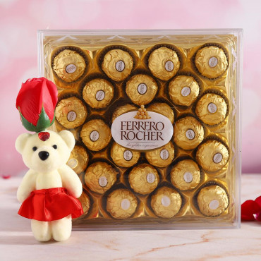 Red Rose cute Teddy with Ferrero Rocher chocolate