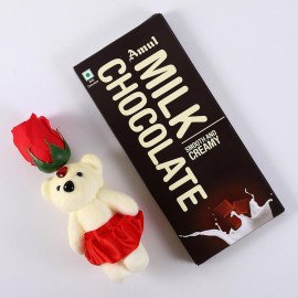 Red Rose cute Teddy with Amul  chocolate bar