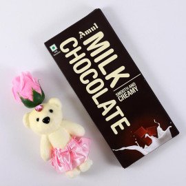 Pink Rose cute Teddy with Amul  chocolate bar