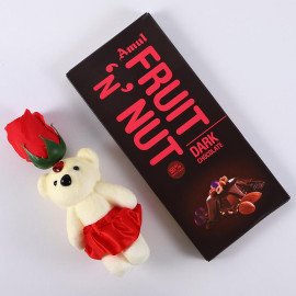Red Rose cute Teddy with Amul  Fruit n Nut Chocolate bar