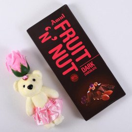Pink Rose cute Teddy with Amul  Fruit n Nut Chocolate bar