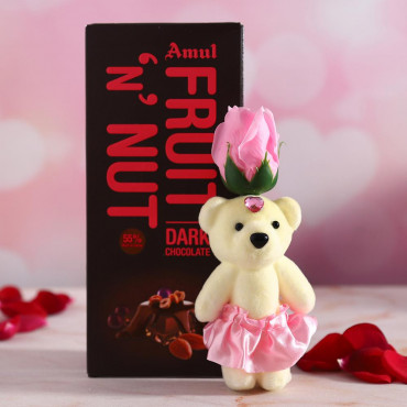 Pink Rose cute Teddy with Amul  Fruit n Nut Chocolate bar