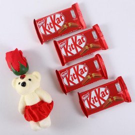 Red Rose cute Teddy with Kitkat Chocolate bar set of 4