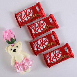 Pink Rose cute Teddy with Kitkat Chocolate bar set of 4