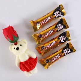Red Rose cute Teddy with Cadbury 5 star Chocolate bar set of 4