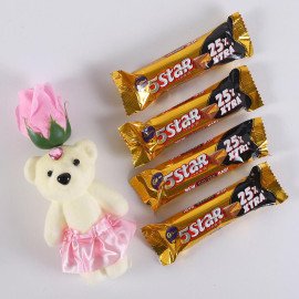 Pink Rose cute Teddy with Cadbury 5 star Chocolate bar set of 4