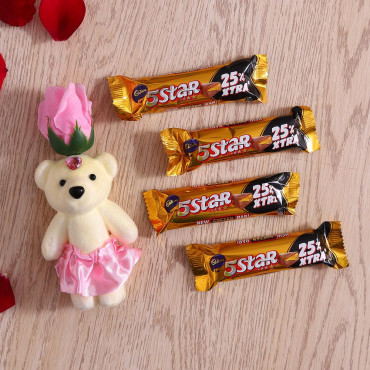 Pink Rose cute Teddy with Cadbury 5 star Chocolate bar set of 4