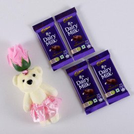 Pink Rose cute Teddy with Cadbury Dairy Milk set of 4