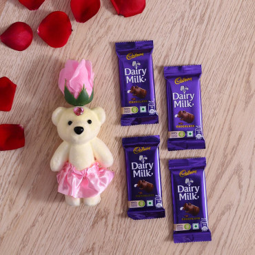 Pink Rose cute Teddy with Cadbury Dairy Milk set of 4
