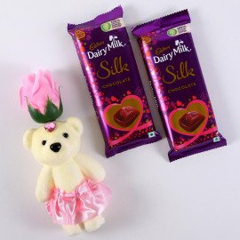 Pink Rose cute Teddy with Cadbury Slik bar set of 2