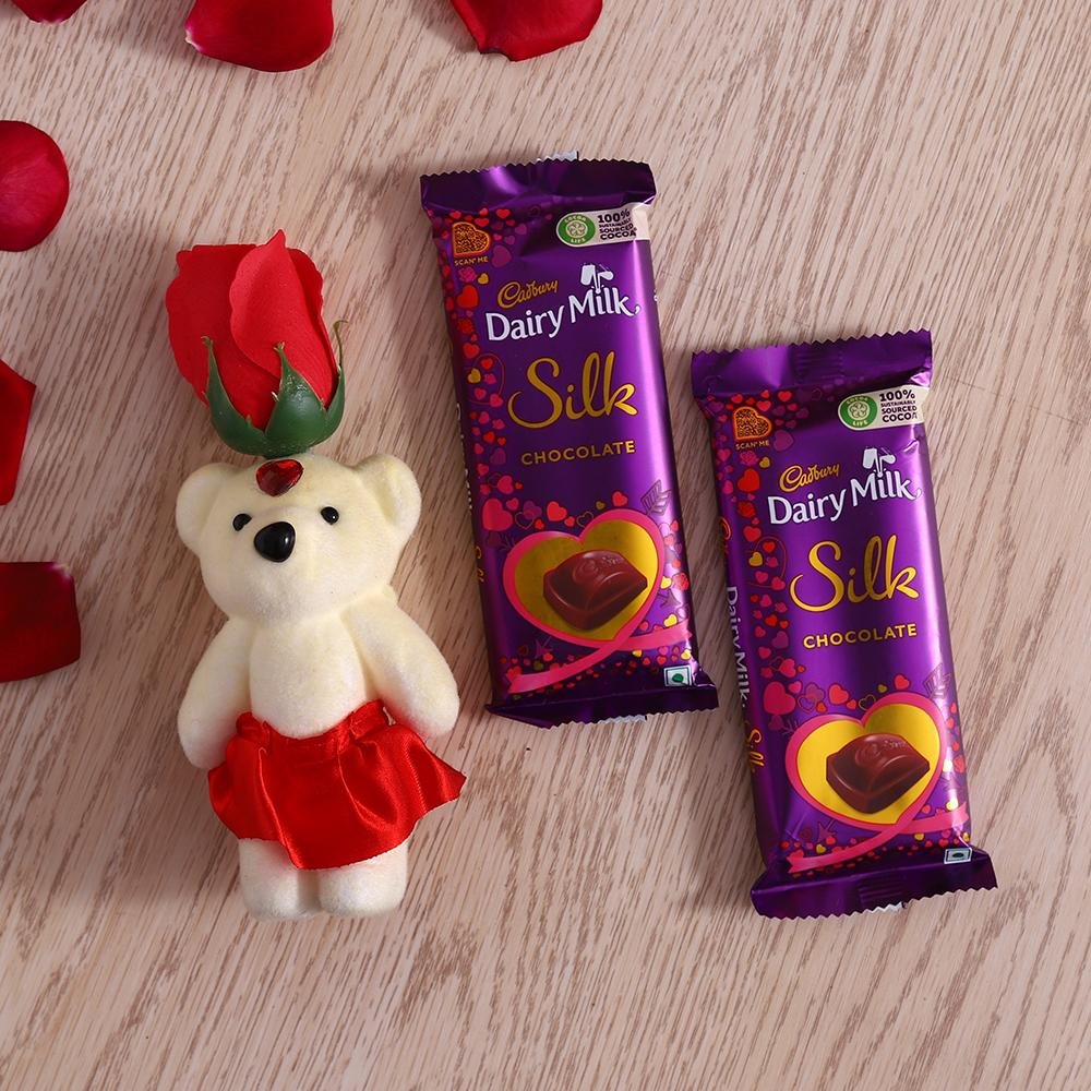 Red Rose cute Teddy with Cadbury Slik bar set of 2