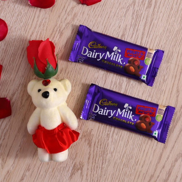 Red Rose cute Teddy with Cadbury Fruit n Nut bar set of 2