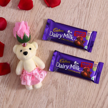 Pink Rose cute Teddy with Cadbury Fruit n Nut bar set of 2