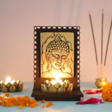 Lord Buddha Idol With Wooden Base and T light Holder