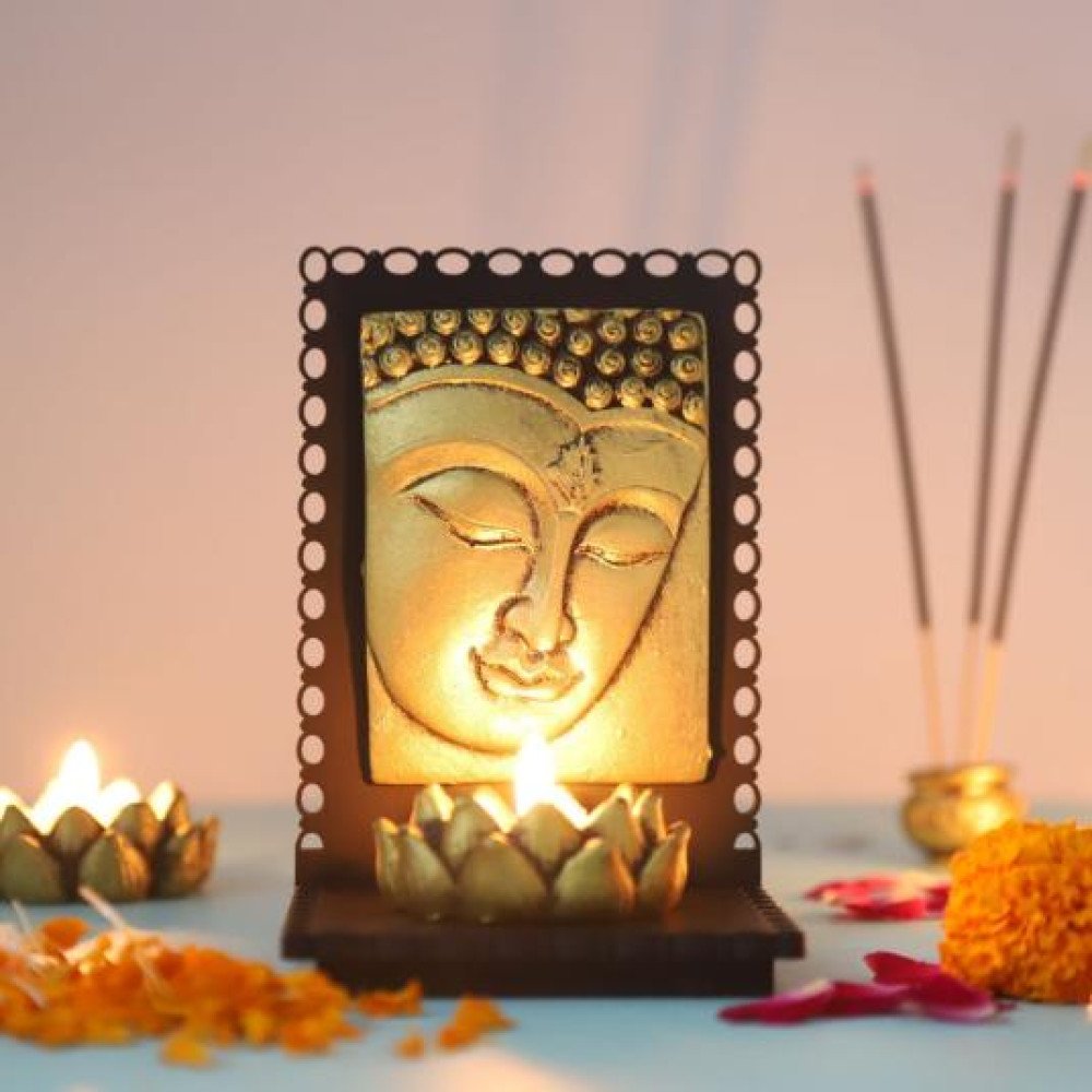 Lord Buddha With Wooden Base  and T light Holder