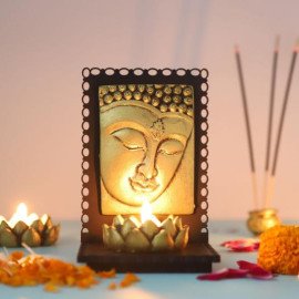 Lord Buddha With Wooden Base  and T light Holder
