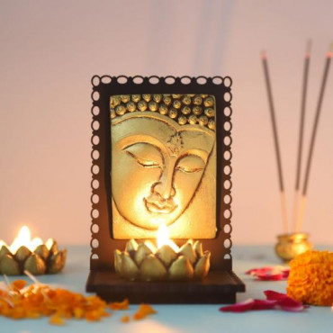 Lord Buddha With Wooden Base  and T light Holder