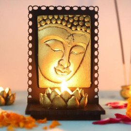 Lord Buddha With Wooden Base  and T light Holder